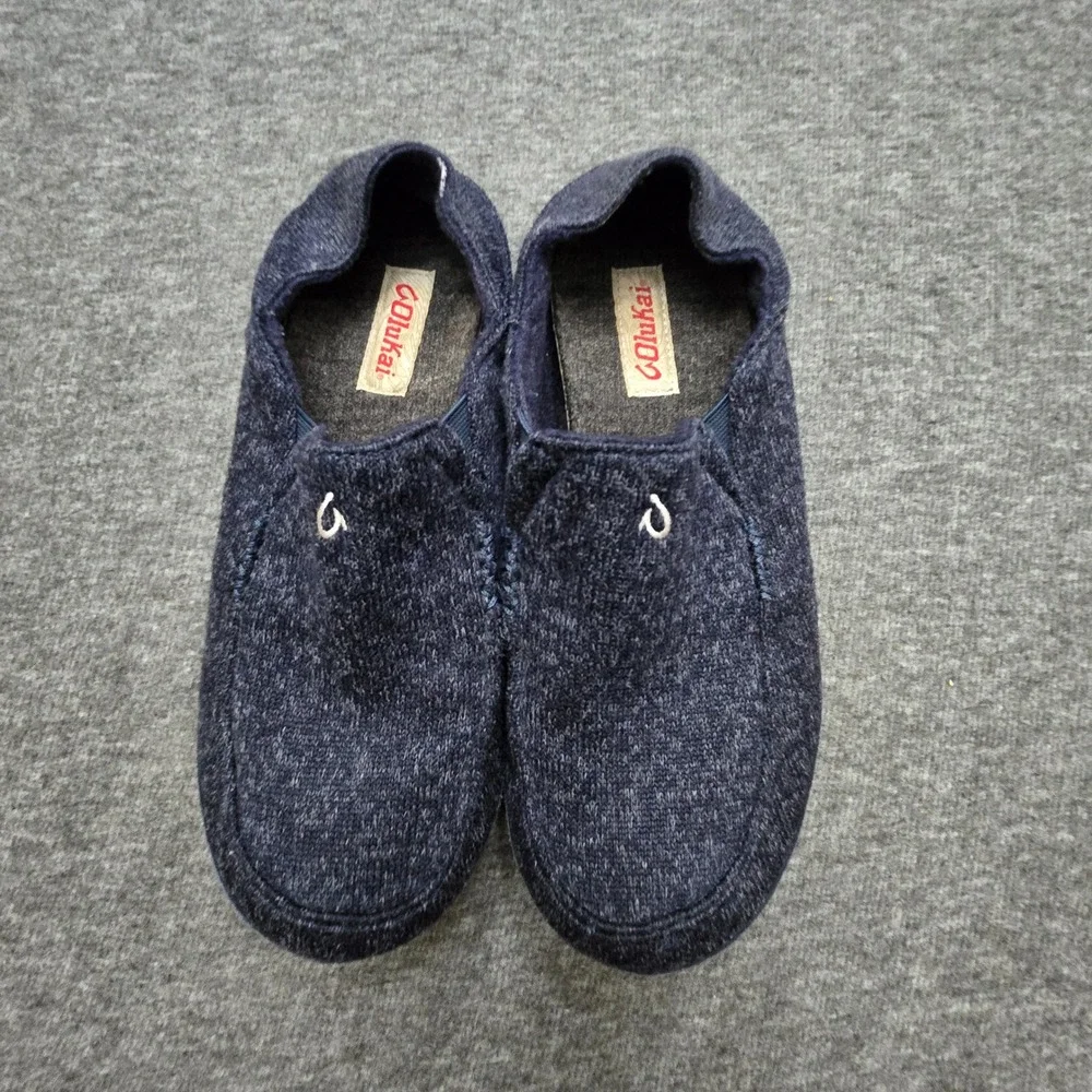 OluKai Moloa Hulu Mens 9 Navy Blue Wool Blend Slip On Loafers Casual House Shoes